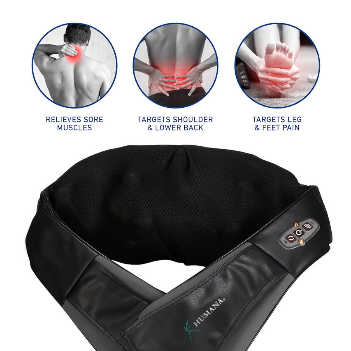 Brookstone Shiatsu Neck and Shoulder Massager in black with ergonomic wraparound design, dual arm straps, and built-in kneading massage nodes for heated neck, shoulder, and upper back muscle relief.