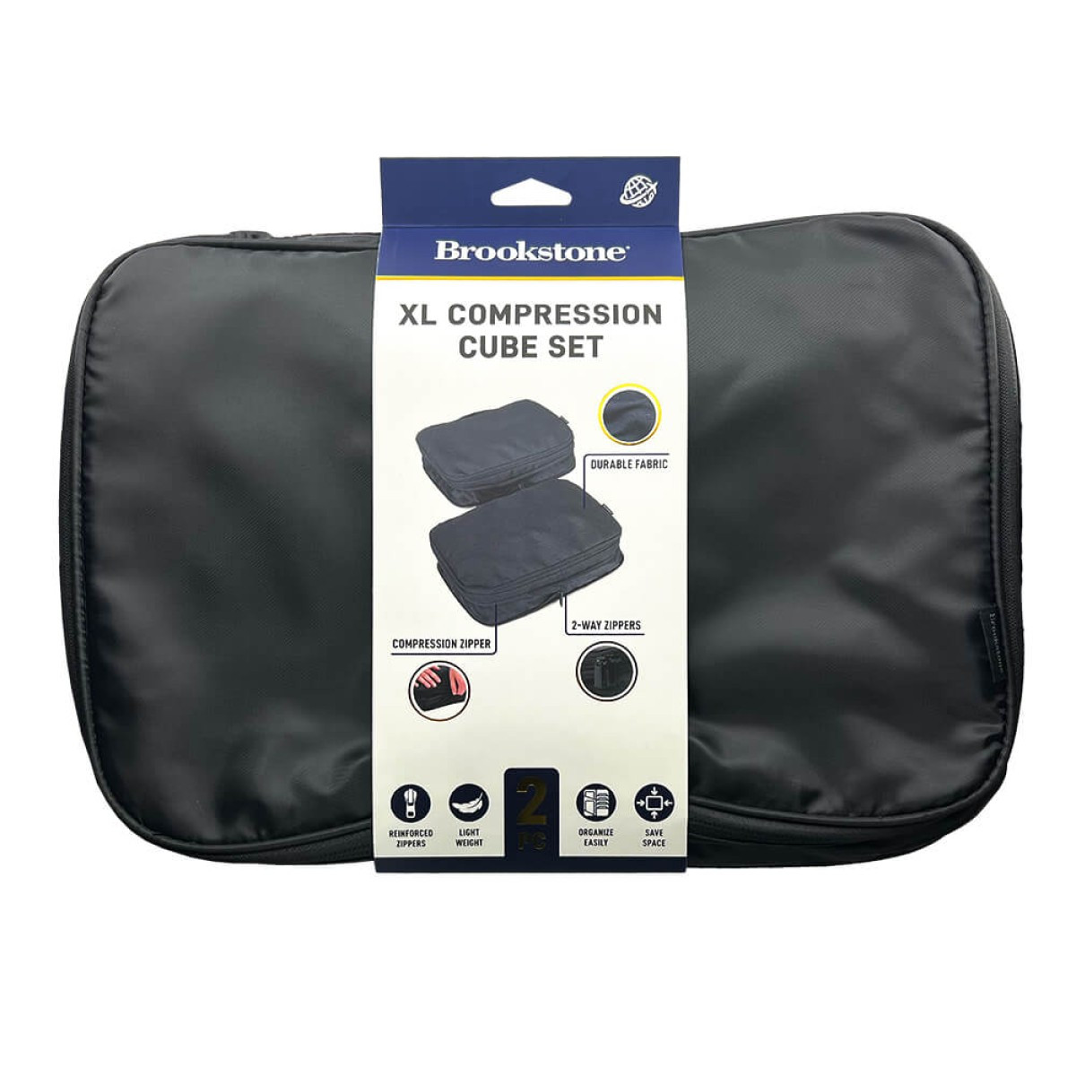 Brookstone 2-Pack XL compression packing cubes in black with double-sided zippered compartments, expandable compression design, and rectangular travel organizers for storing and compressing clothing in luggage.