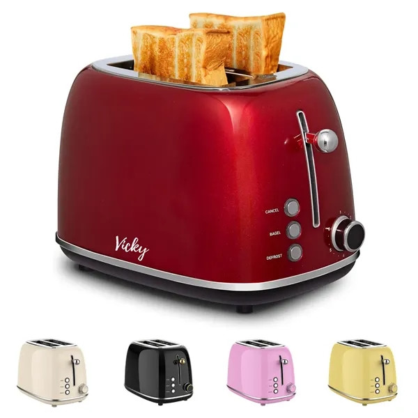 Retro stainless steel toaster with six browning settings, cool-touch exterior, and stainless steel construction.
