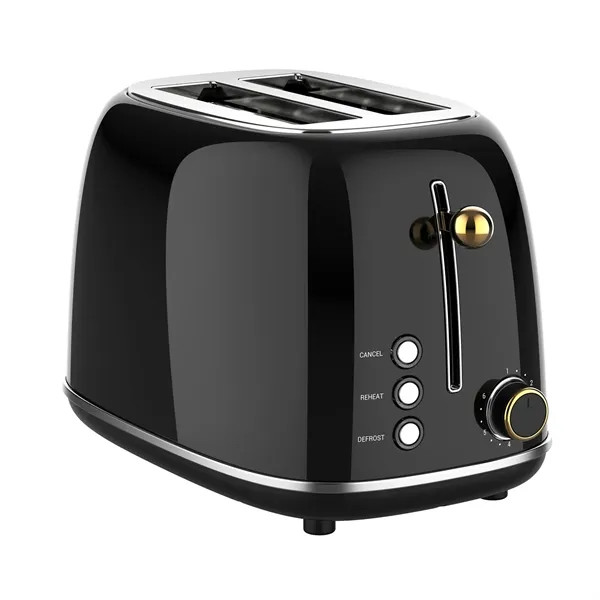 Black retro stainless steel toaster with six browning settings, cool-touch exterior, and stainless steel construction.