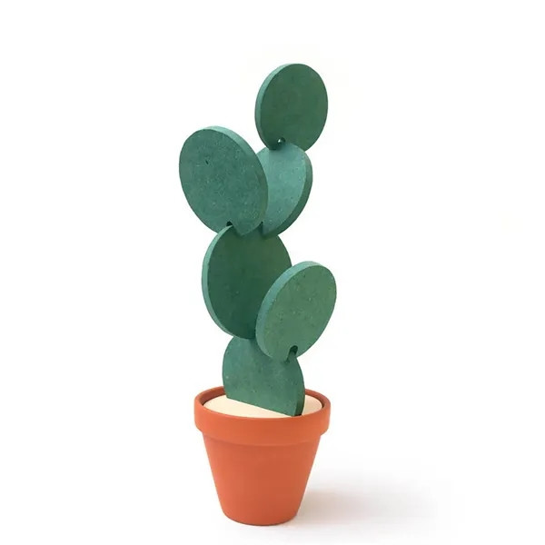 Green cactus-shaped EVA coaster with non-slip surface and heat-insulating construction designed to protect tables from scratches, moisture, and heat.