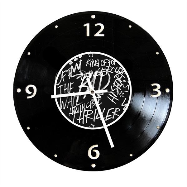 Black vinyl record-style wall clock with classic album-inspired design, analog clock face, and decorative display for home or office décor.