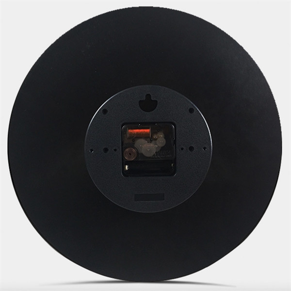 Black vinyl record-style wall clock with classic album-inspired design, analog clock face, and decorative display for home or office décor.