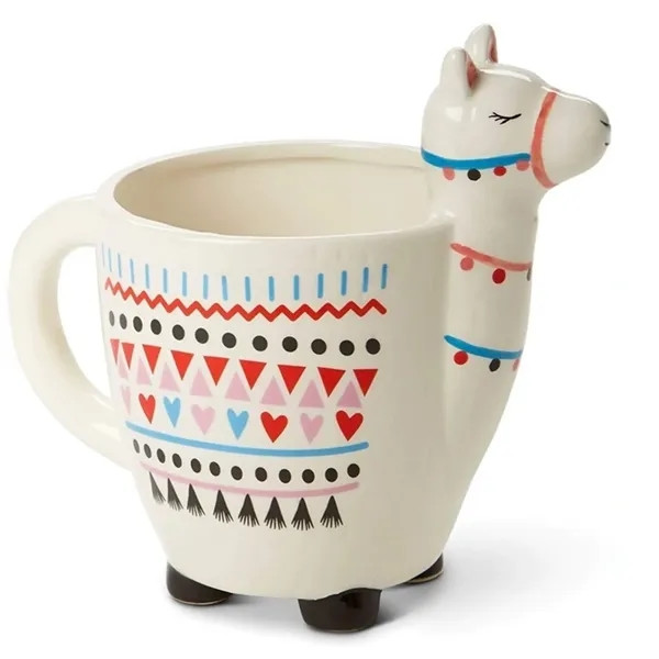 White ceramic llama-shaped mug with a sturdy handle, three-dimensional handcrafted design, and novelty drinkware styling for hot or cold beverages.