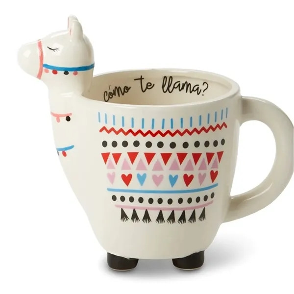 White ceramic llama-shaped mug with a sturdy handle, three-dimensional handcrafted design, and novelty drinkware styling for hot or cold beverages.