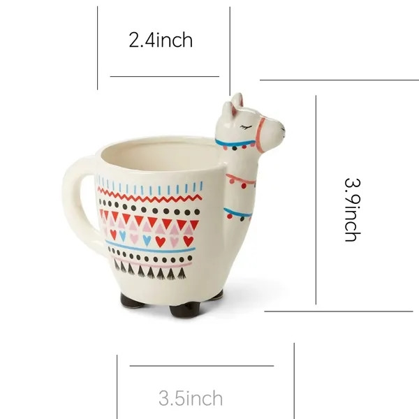 White ceramic llama-shaped mug with a sturdy handle, three-dimensional handcrafted design, and novelty drinkware styling for hot or cold beverages.