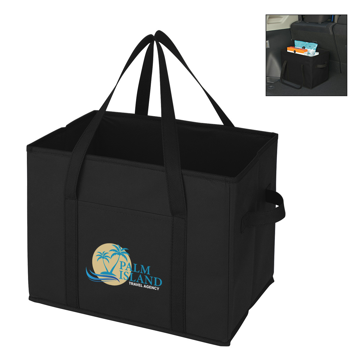 Black non-woven recycled trunk organizer with structured sides, front storage pocket, and dual carrying handles for shopping, vehicle organization, and storage.