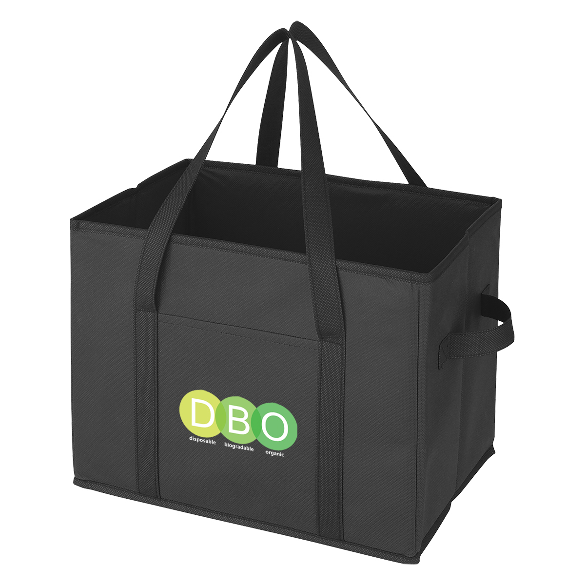 Black non-woven recycled trunk organizer with structured sides, front storage pocket, and dual carrying handles for shopping, vehicle organization, and storage.
