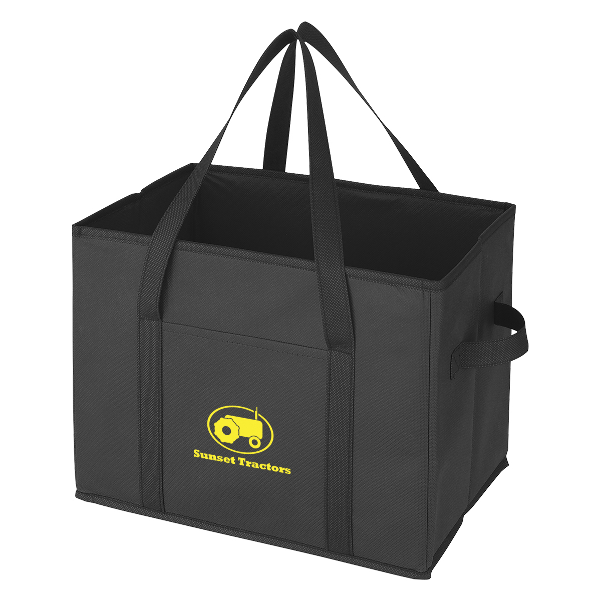Black non-woven recycled trunk organizer with structured sides, front storage pocket, and dual carrying handles for shopping, vehicle organization, and storage.