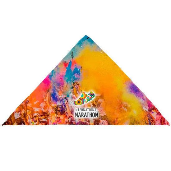 Custom Cooling bandana made from Polyvinyl Acetate (PVA) material with triangle-shaped design that activates with water to provide a cooling effect for outdoor activities and promotional use.