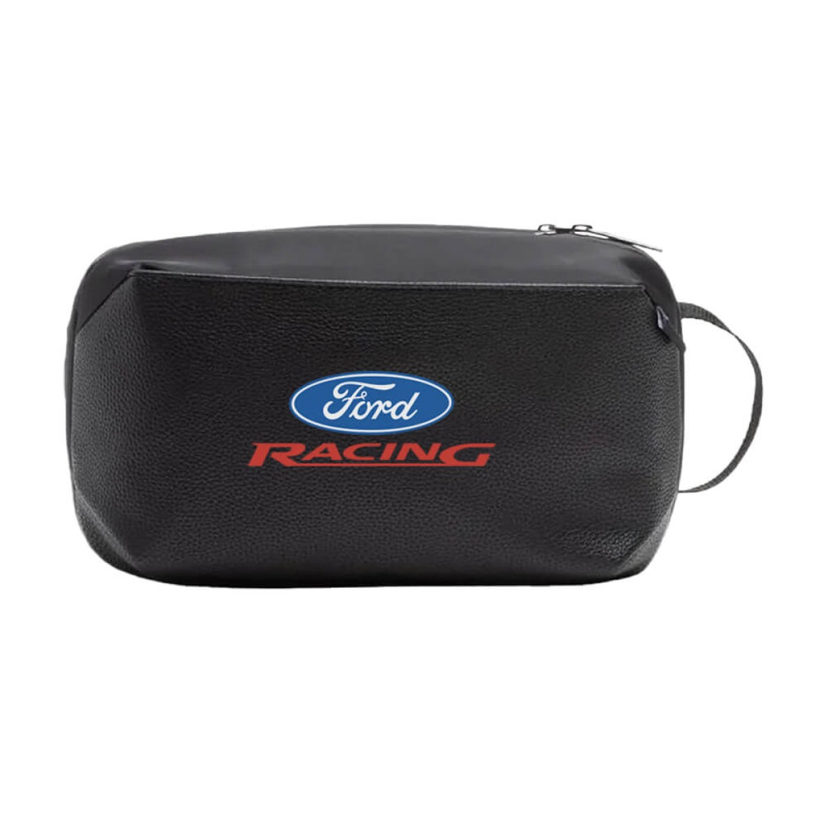 Brookstone Compact Toiletry Kit vegan leather travel bag in black with zippered main compartment, exterior zip pocket, and side grab handle, designed for organizing toiletries and personal care essentials during travel.