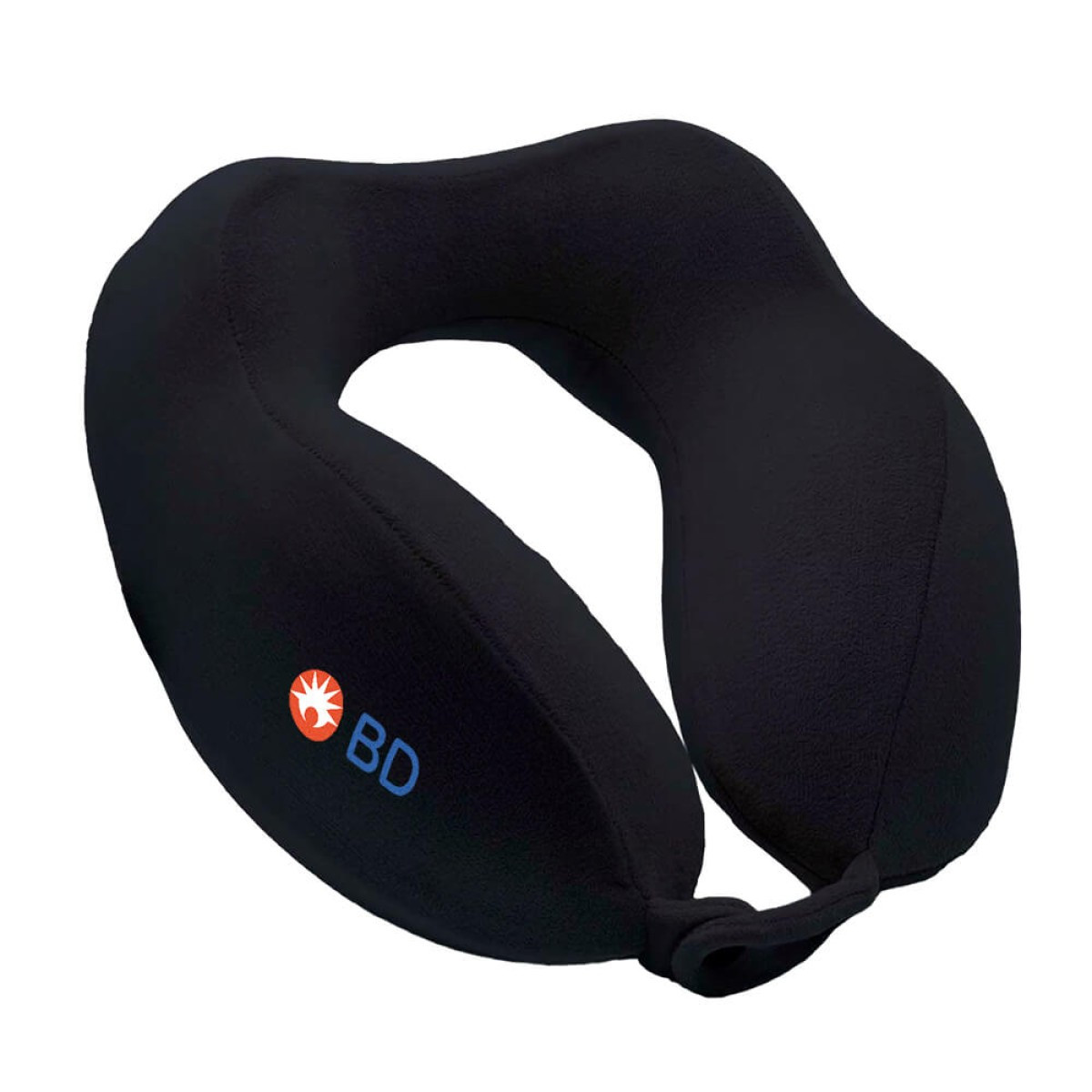 Brookstone Ultra Foam Memory Foam Neck Pillow in black with a U-shaped ergonomic design, featuring a soft fleece cover and supportive memory foam core for comfortable neck and head support during travel.