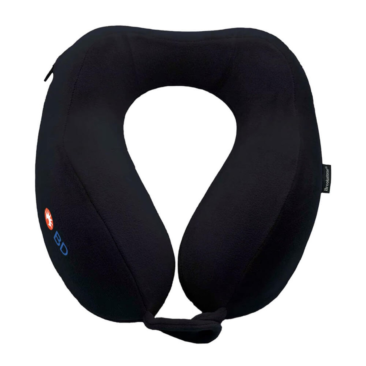 Brookstone Ultra Foam Memory Foam Neck Pillow in black with a U-shaped ergonomic design, featuring a soft fleece cover and supportive memory foam core for comfortable neck and head support during travel.