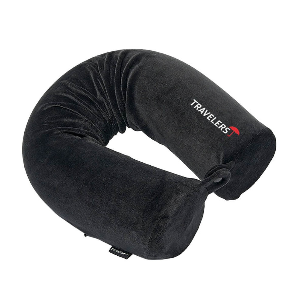Brookstone® Free Form Memory Foam Neck Pillow in black plush fabric, contoured U-shaped travel pillow for neck support and comfort while traveling.
