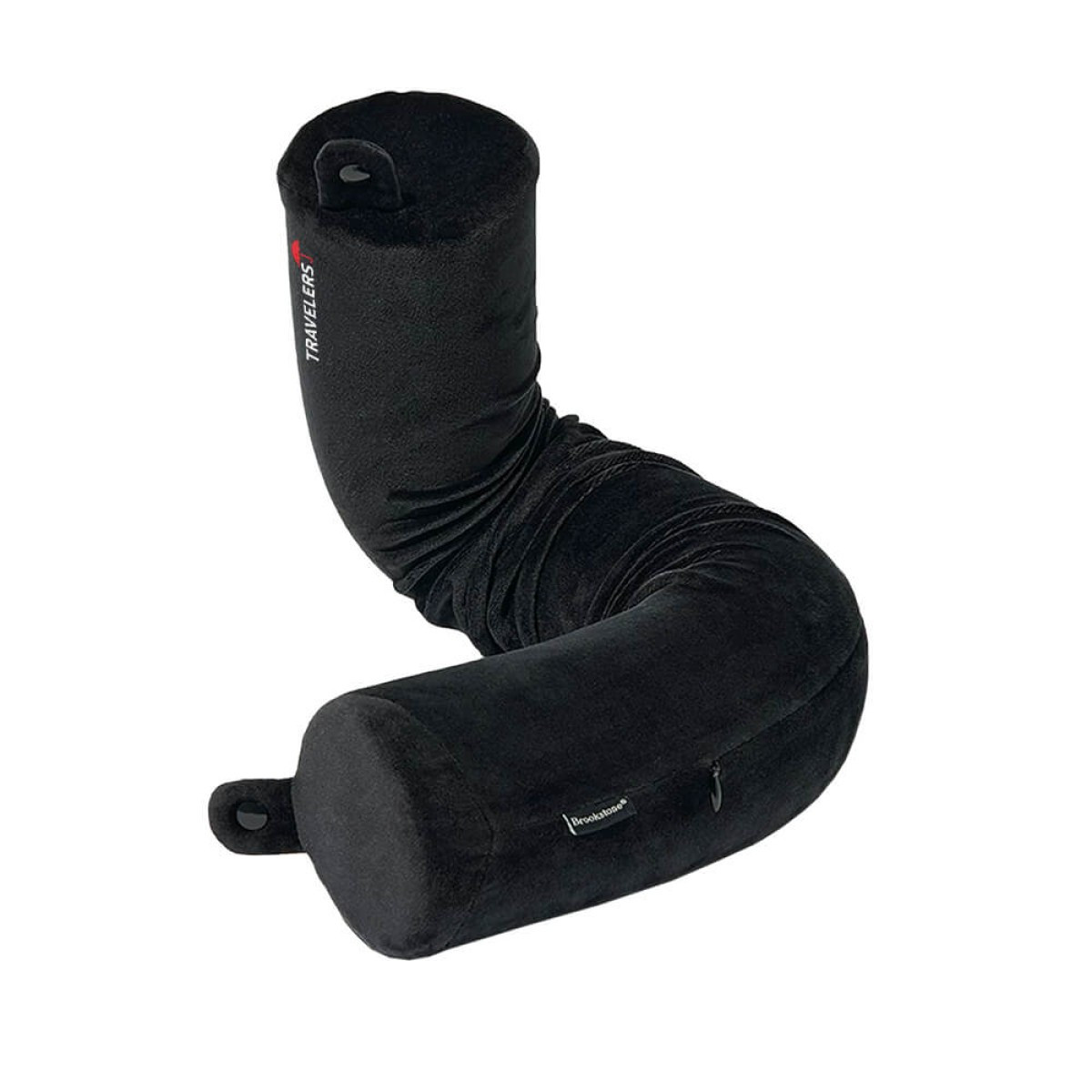 Brookstone® Free Form Memory Foam Neck Pillow in black plush fabric, contoured U-shaped travel pillow for neck support and comfort while traveling.