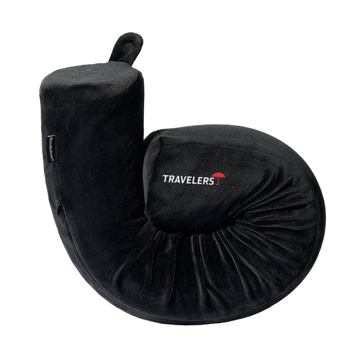 Brookstone® Free Form Memory Foam Neck Pillow in black plush fabric, contoured U-shaped travel pillow for neck support and comfort while traveling.