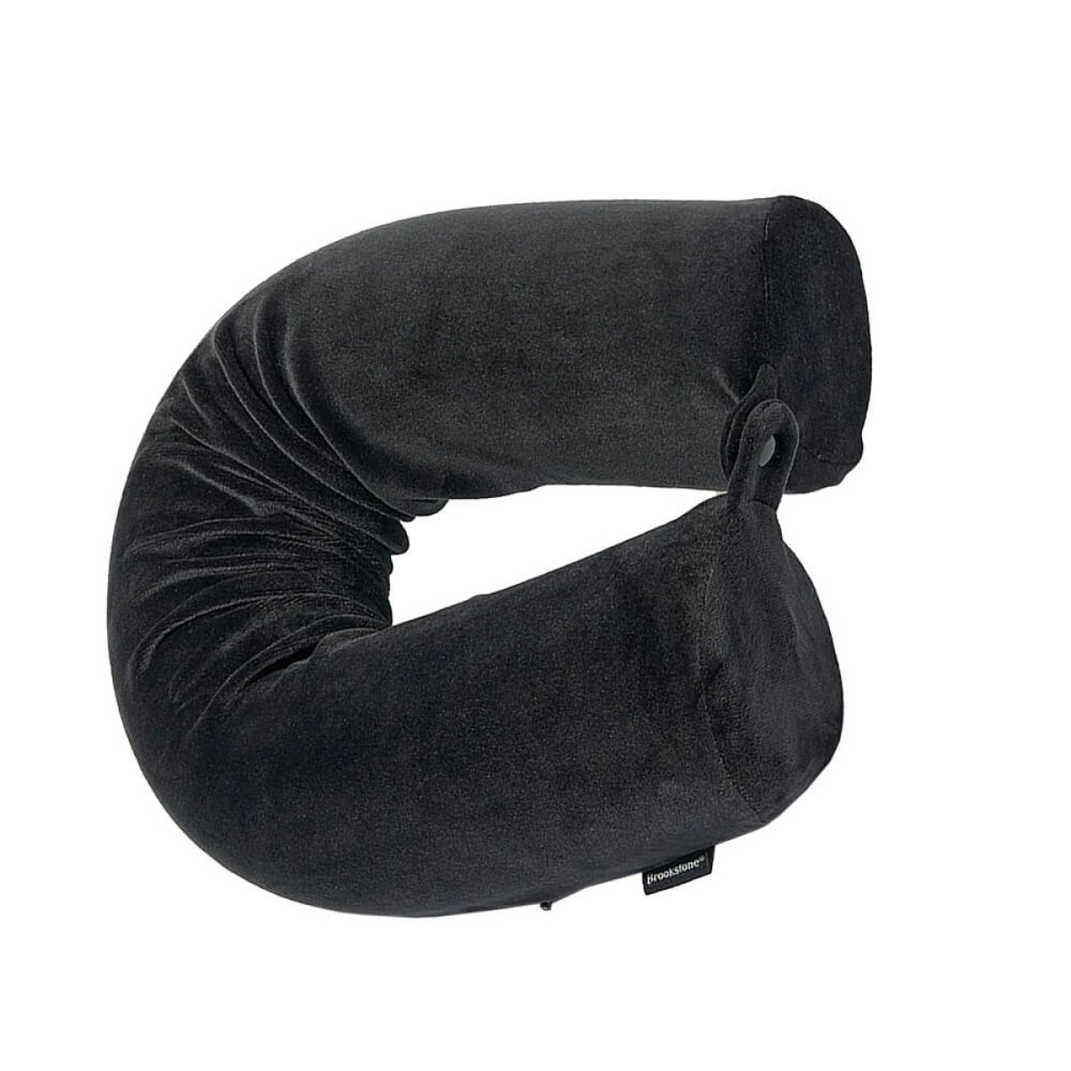 Brookstone® Free Form Memory Foam Neck Pillow in black plush fabric, contoured U-shaped travel pillow for neck support and comfort while traveling.