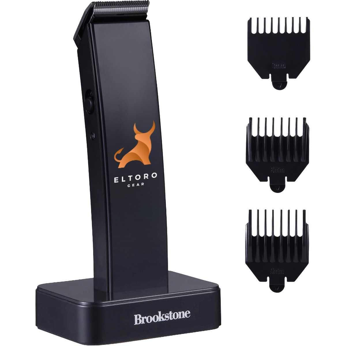 Black Brookstone SKR07 cordless hair trimmer featuring a compact handheld design with stainless steel foil cutting heads, rechargeable battery, charging base dock, and ergonomic body for wet or dry personal grooming use.