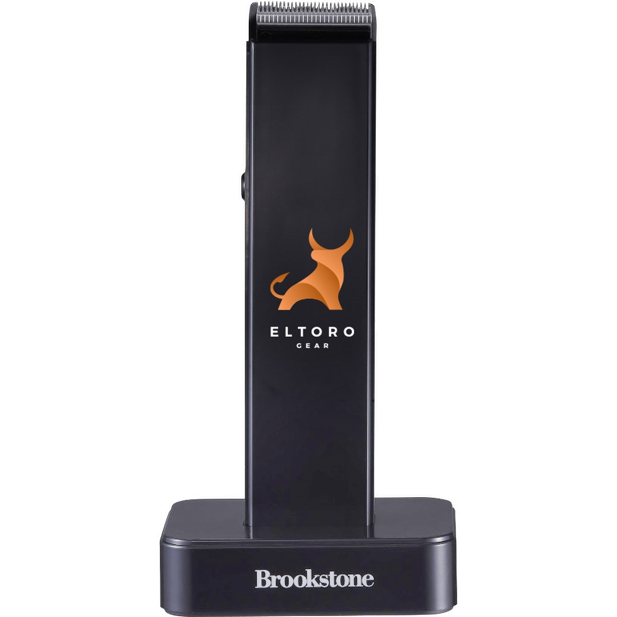 Black Brookstone SKR07 cordless hair trimmer featuring a compact handheld design with stainless steel foil cutting heads, rechargeable battery, charging base dock, and ergonomic body for wet or dry personal grooming use.