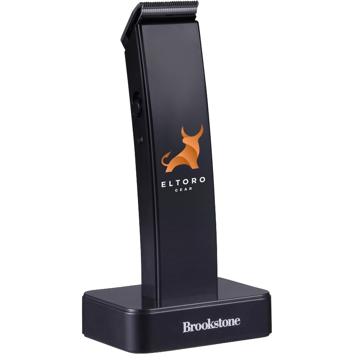 Black Brookstone SKR07 cordless hair trimmer featuring a compact handheld design with stainless steel foil cutting heads, rechargeable battery, charging base dock, and ergonomic body for wet or dry personal grooming use.