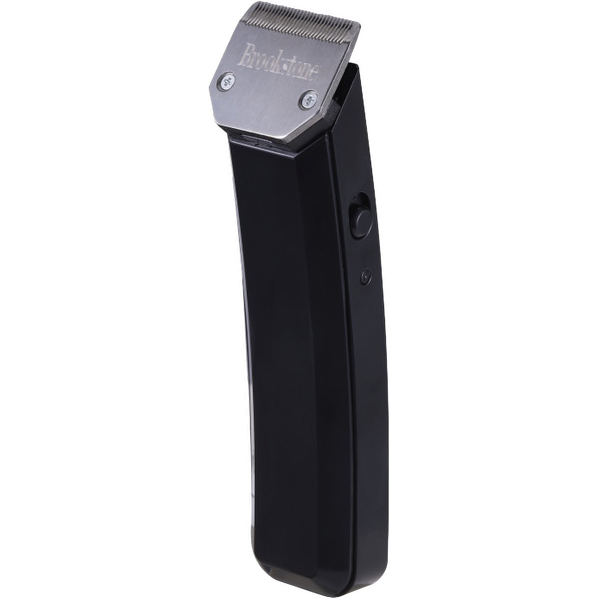 Black Brookstone SKR07 cordless hair trimmer featuring a compact handheld design with stainless steel foil cutting heads, rechargeable battery, charging base dock, and ergonomic body for wet or dry personal grooming use.
