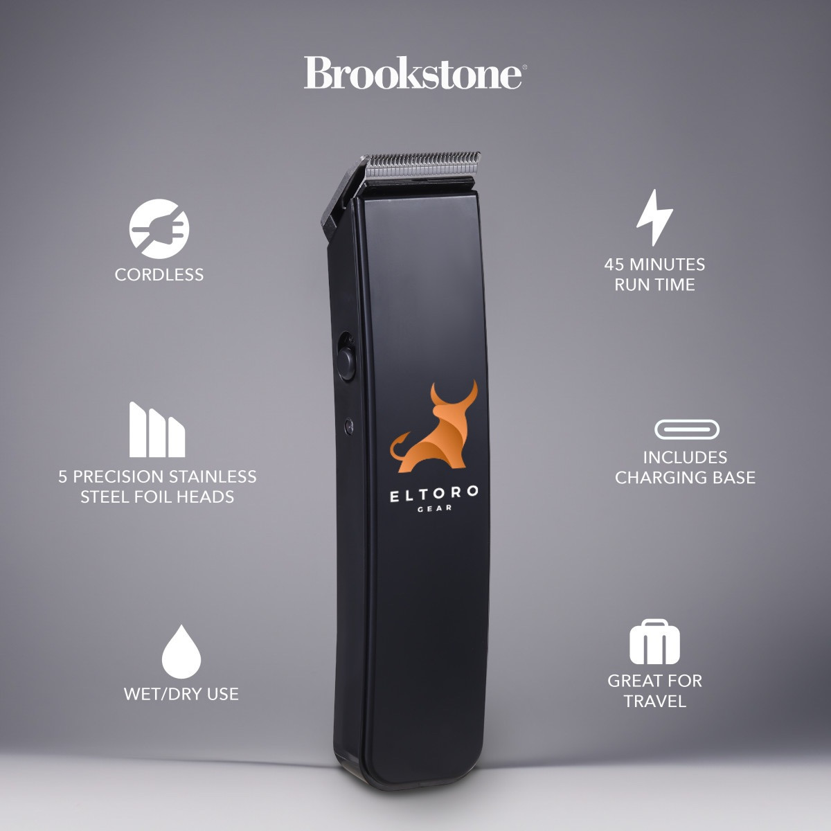 Black Brookstone SKR07 cordless hair trimmer featuring a compact handheld design with stainless steel foil cutting heads, rechargeable battery, charging base dock, and ergonomic body for wet or dry personal grooming use.