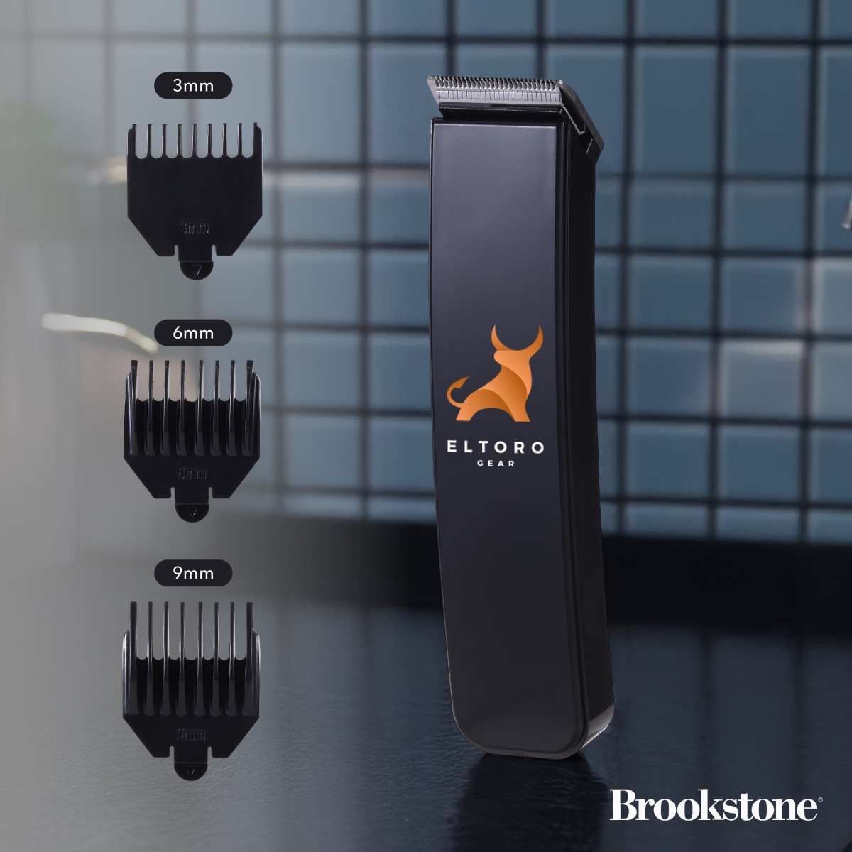 Black Brookstone SKR07 cordless hair trimmer featuring a compact handheld design with stainless steel foil cutting heads, rechargeable battery, charging base dock, and ergonomic body for wet or dry personal grooming use.