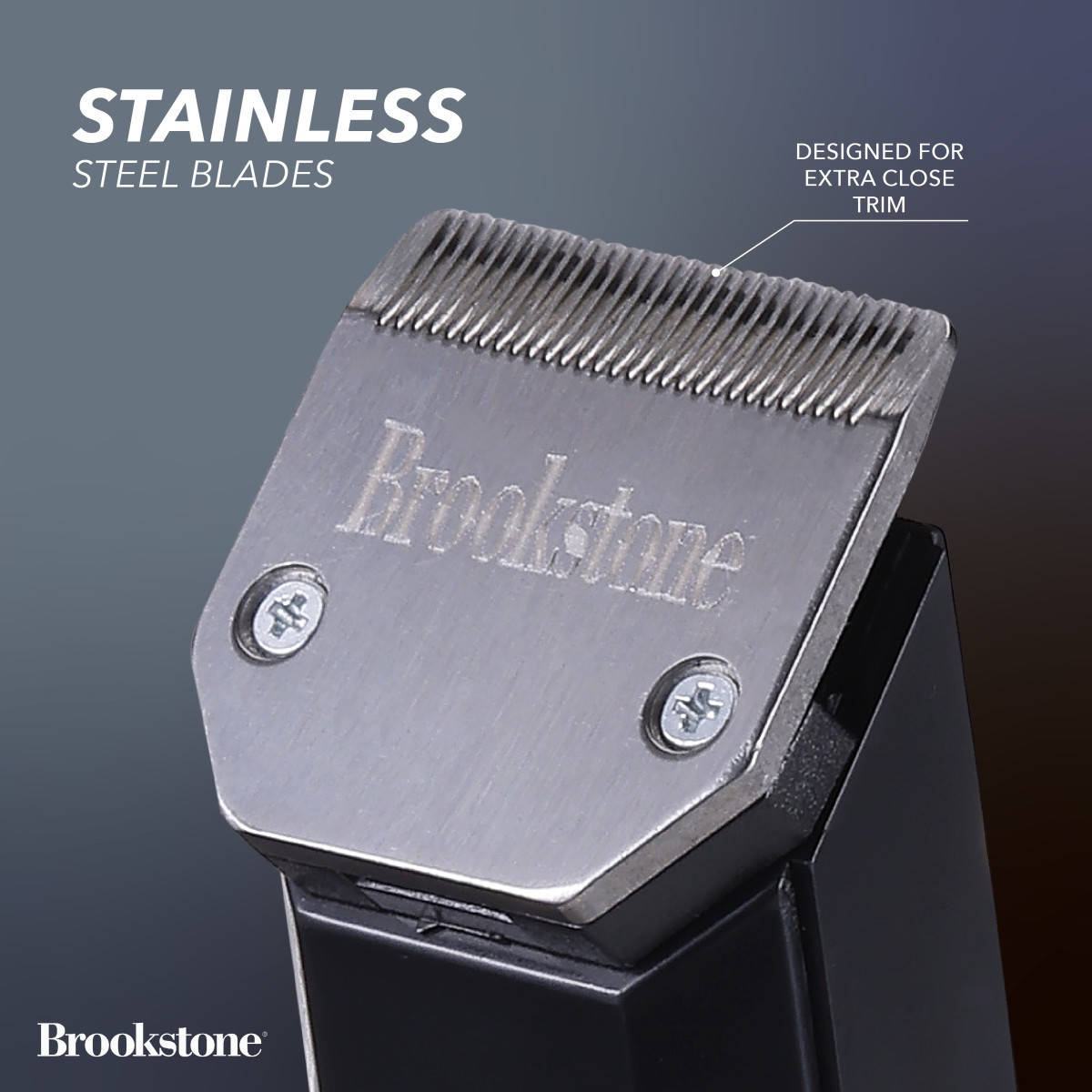 Black Brookstone SKR07 cordless hair trimmer featuring a compact handheld design with stainless steel foil cutting heads, rechargeable battery, charging base dock, and ergonomic body for wet or dry personal grooming use.