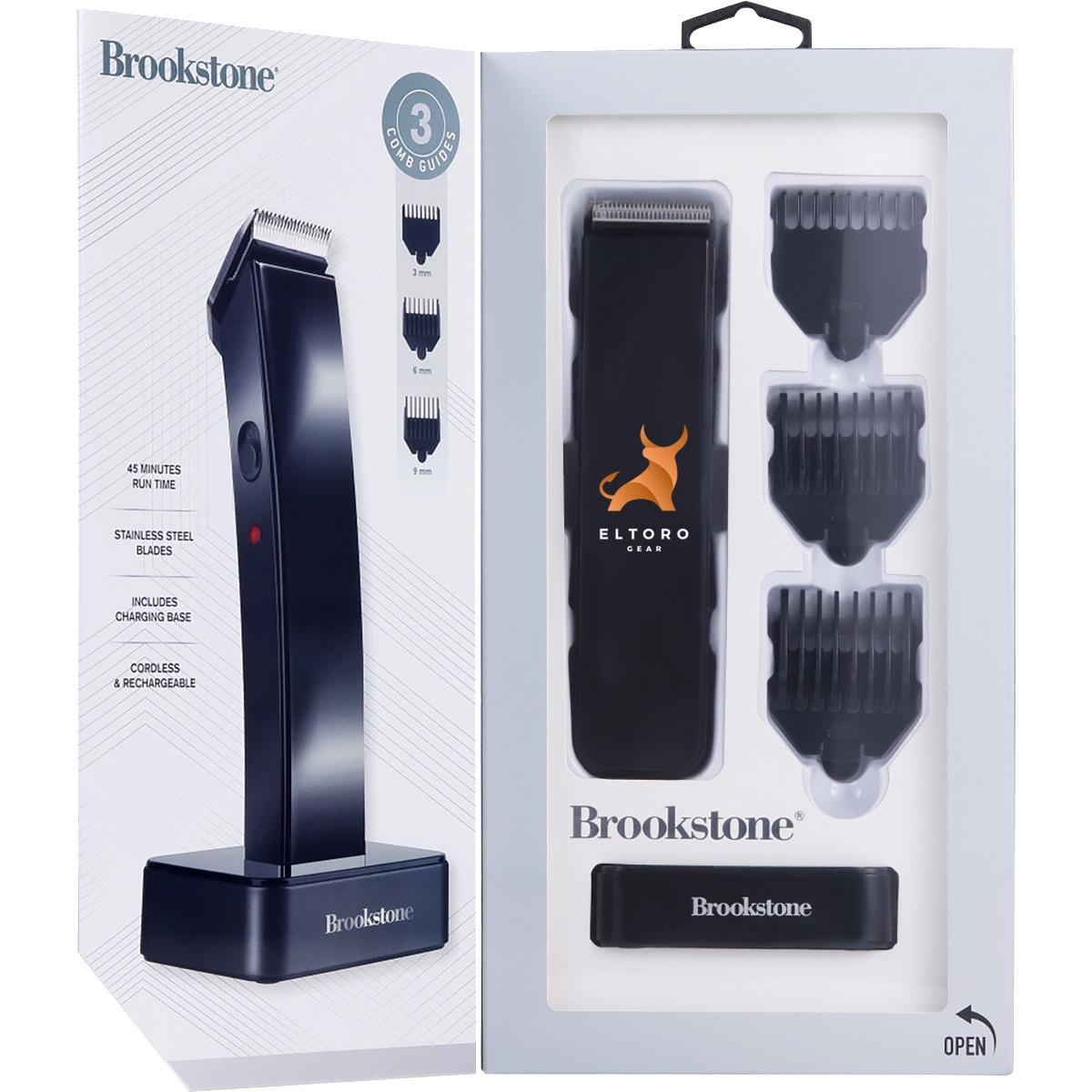 Black Brookstone SKR07 cordless hair trimmer featuring a compact handheld design with stainless steel foil cutting heads, rechargeable battery, charging base dock, and ergonomic body for wet or dry personal grooming use.