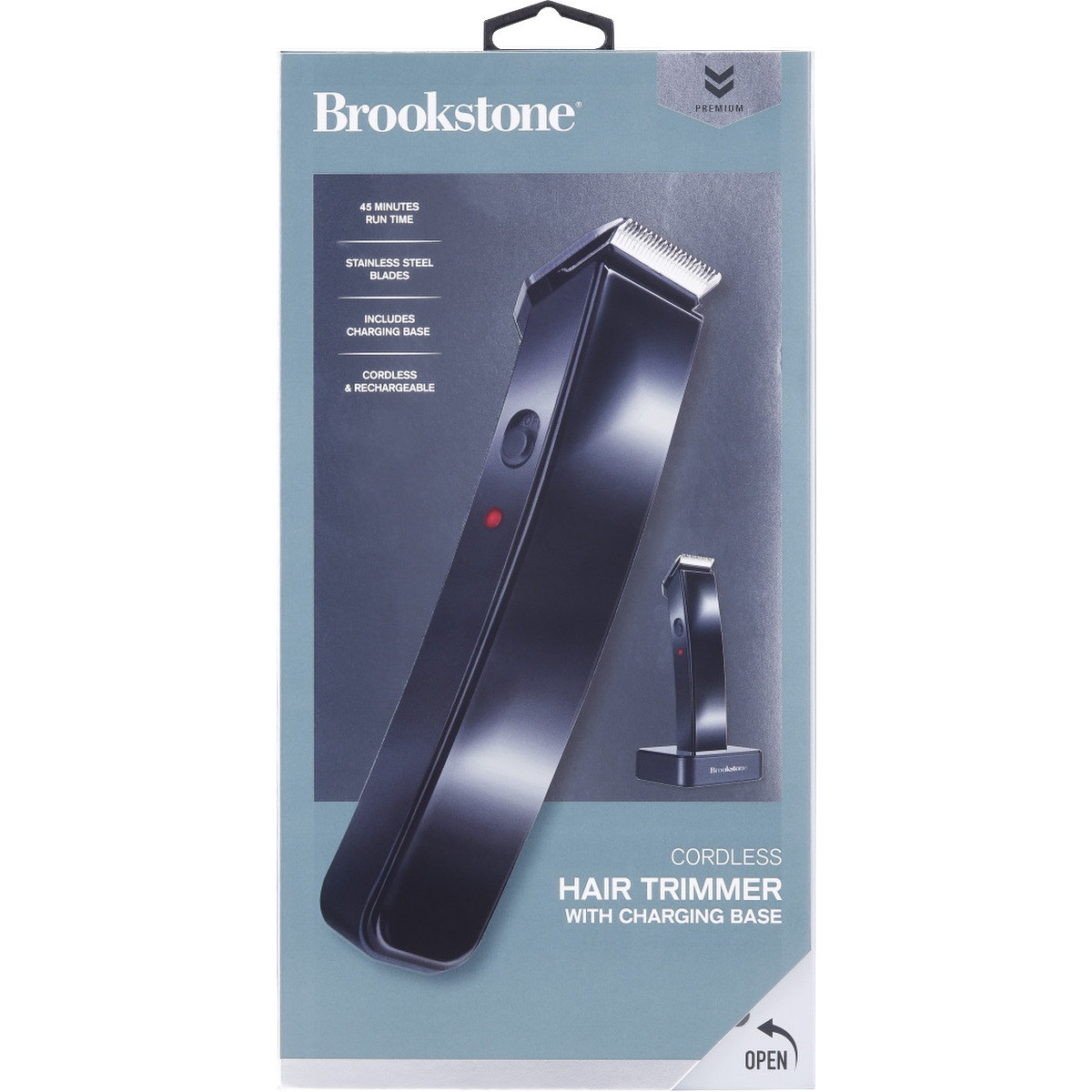 Black Brookstone SKR07 cordless hair trimmer featuring a compact handheld design with stainless steel foil cutting heads, rechargeable battery, charging base dock, and ergonomic body for wet or dry personal grooming use.