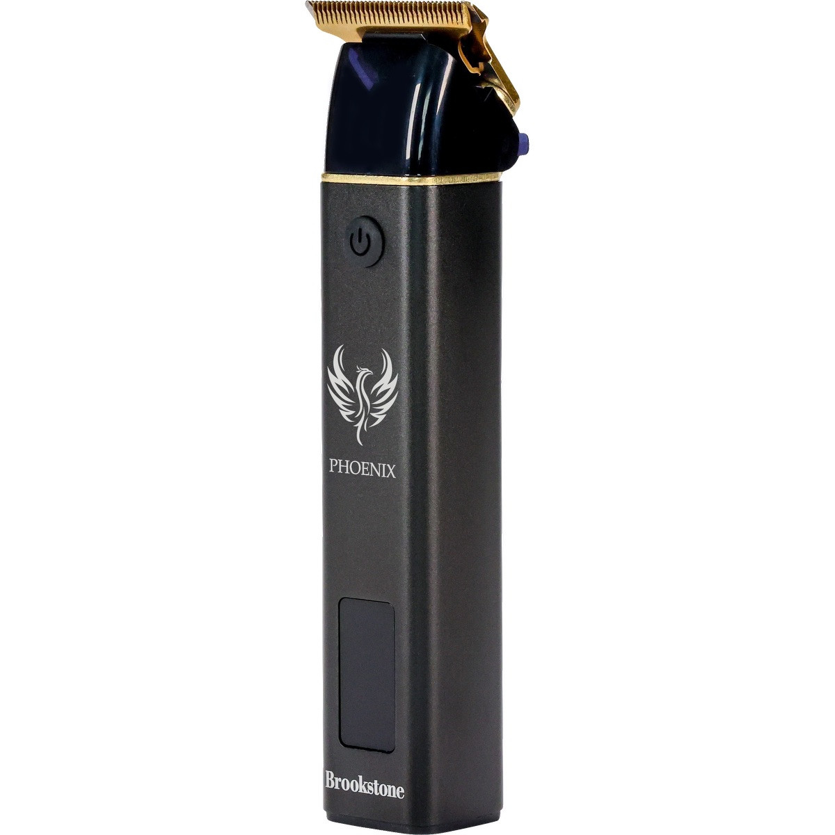 Brookstone Square T-Blade Hair Clipper in black with a gold-toned stainless steel T-blade, slim rectangular body, and digital display, designed for cordless hair trimming and grooming.