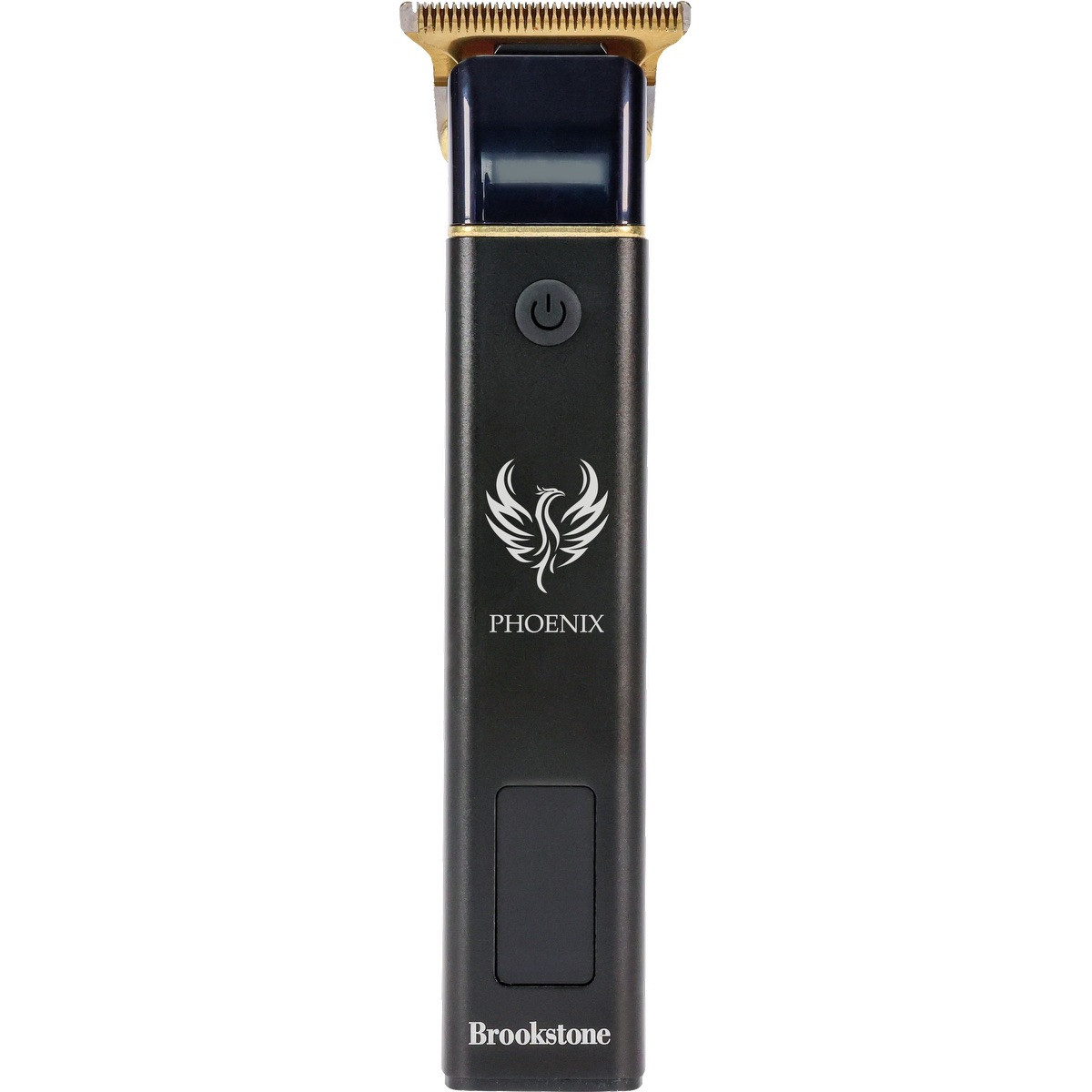 Brookstone Square T-Blade Hair Clipper in black with a gold-toned stainless steel T-blade, slim rectangular body, and digital display, designed for cordless hair trimming and grooming.