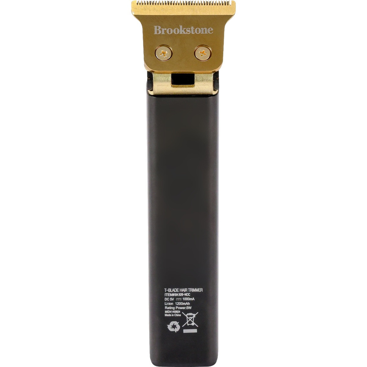 Brookstone Square T-Blade Hair Clipper in black with a gold-toned stainless steel T-blade, slim rectangular body, and digital display, designed for cordless hair trimming and grooming.