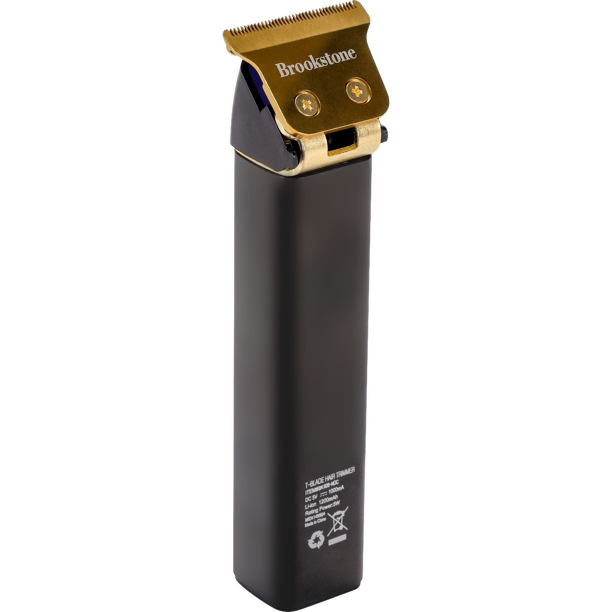 Brookstone Square T-Blade Hair Clipper in black with a gold-toned stainless steel T-blade, slim rectangular body, and digital display, designed for cordless hair trimming and grooming.
