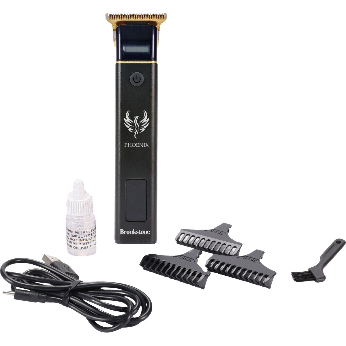 Brookstone Square T-Blade Hair Clipper in black with a gold-toned stainless steel T-blade, slim rectangular body, and digital display, designed for cordless hair trimming and grooming.
