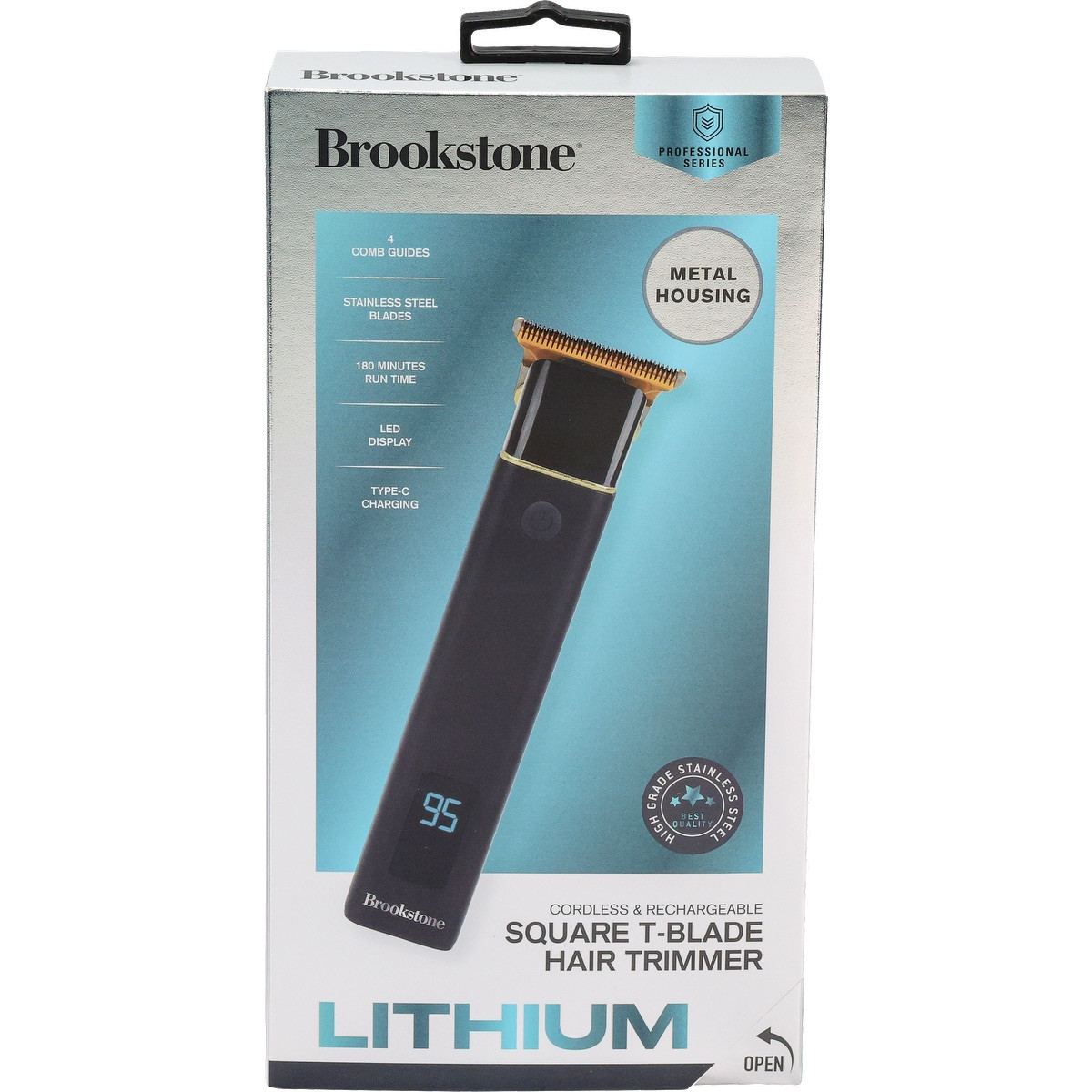 Brookstone Square T-Blade Hair Clipper in black with a gold-toned stainless steel T-blade, slim rectangular body, and digital display, designed for cordless hair trimming and grooming.