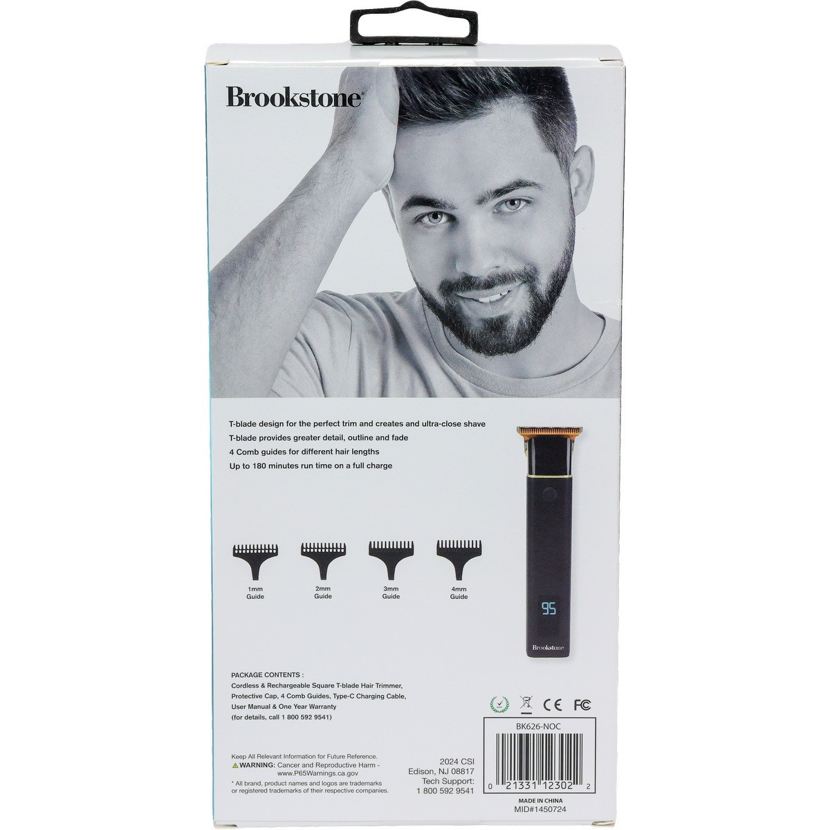 Brookstone Square T-Blade Hair Clipper in black with a gold-toned stainless steel T-blade, slim rectangular body, and digital display, designed for cordless hair trimming and grooming.