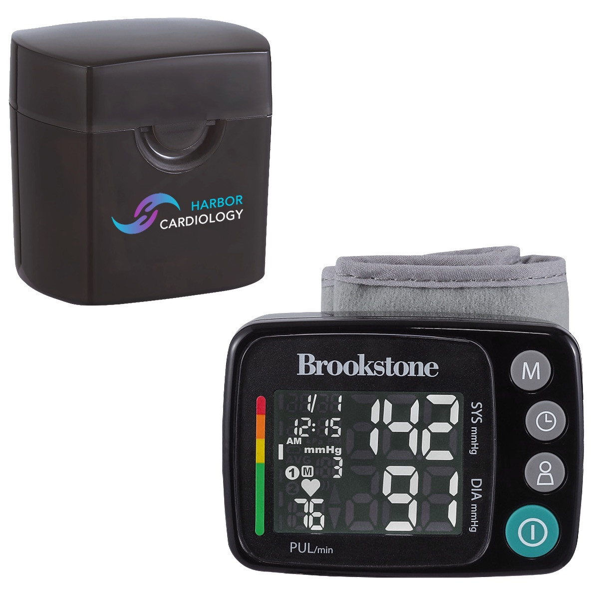 Black Brookstone® Digital Blood Pressure Monitor wrist-style device with black cuff and digital LCD display showing systolic and diastolic pressure and heart rate, featuring one-touch operation and included storage case for convenient home health monitoring.