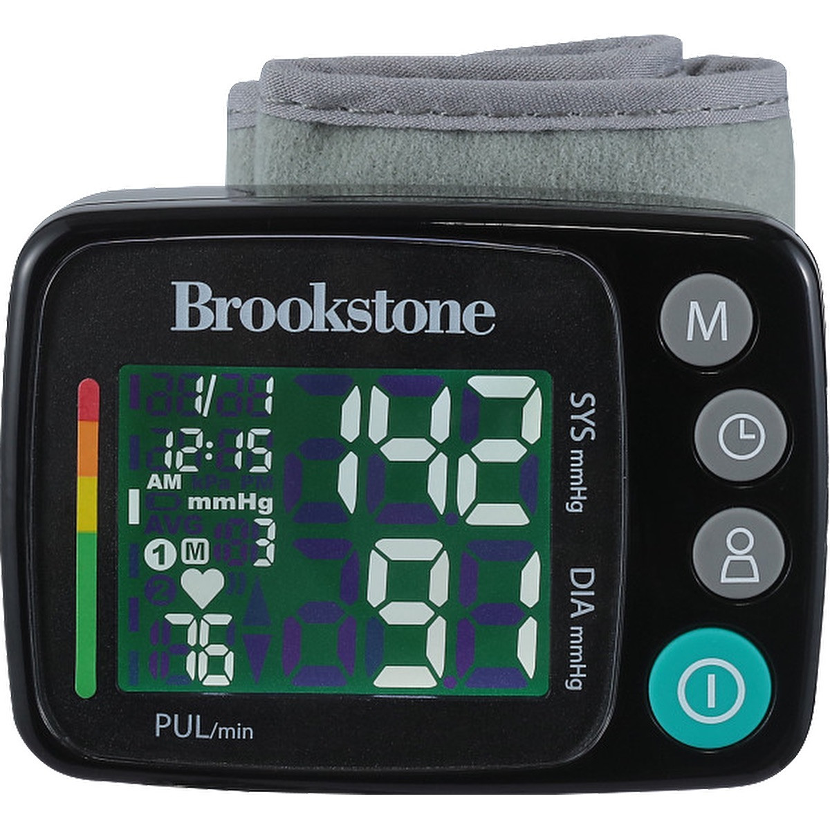 Black Brookstone® Digital Blood Pressure Monitor wrist-style device with black cuff and digital LCD display showing systolic and diastolic pressure and heart rate, featuring one-touch operation and included storage case for convenient home health monitoring.