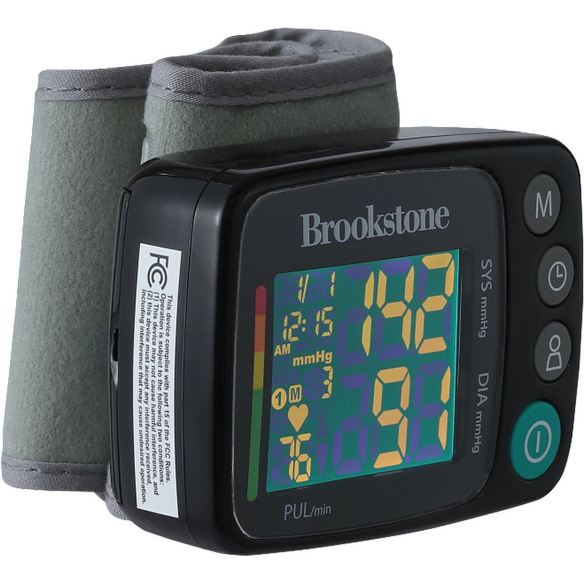 Black Brookstone® Digital Blood Pressure Monitor wrist-style device with black cuff and digital LCD display showing systolic and diastolic pressure and heart rate, featuring one-touch operation and included storage case for convenient home health monitoring.