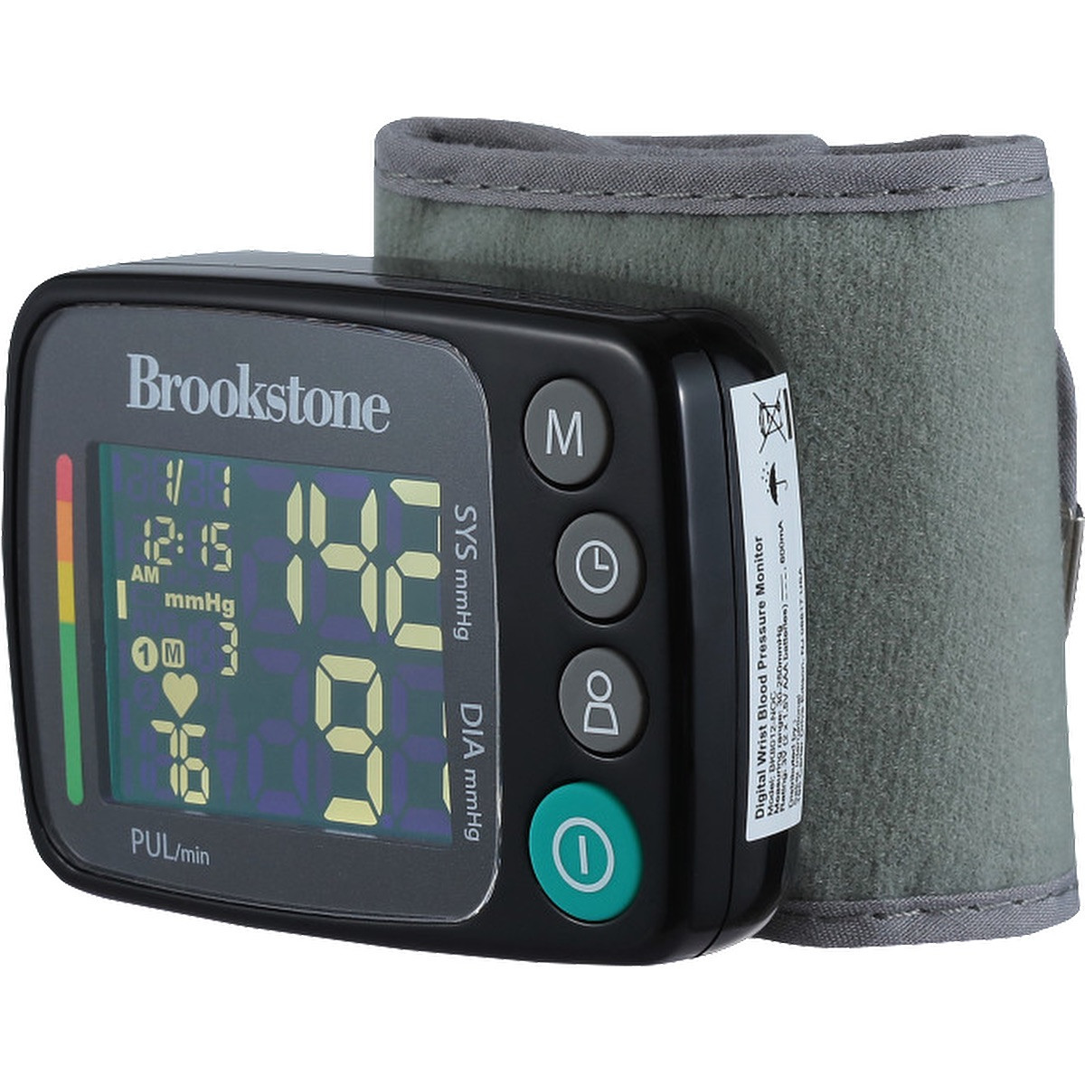 Black Brookstone® Digital Blood Pressure Monitor wrist-style device with black cuff and digital LCD display showing systolic and diastolic pressure and heart rate, featuring one-touch operation and included storage case for convenient home health monitoring.