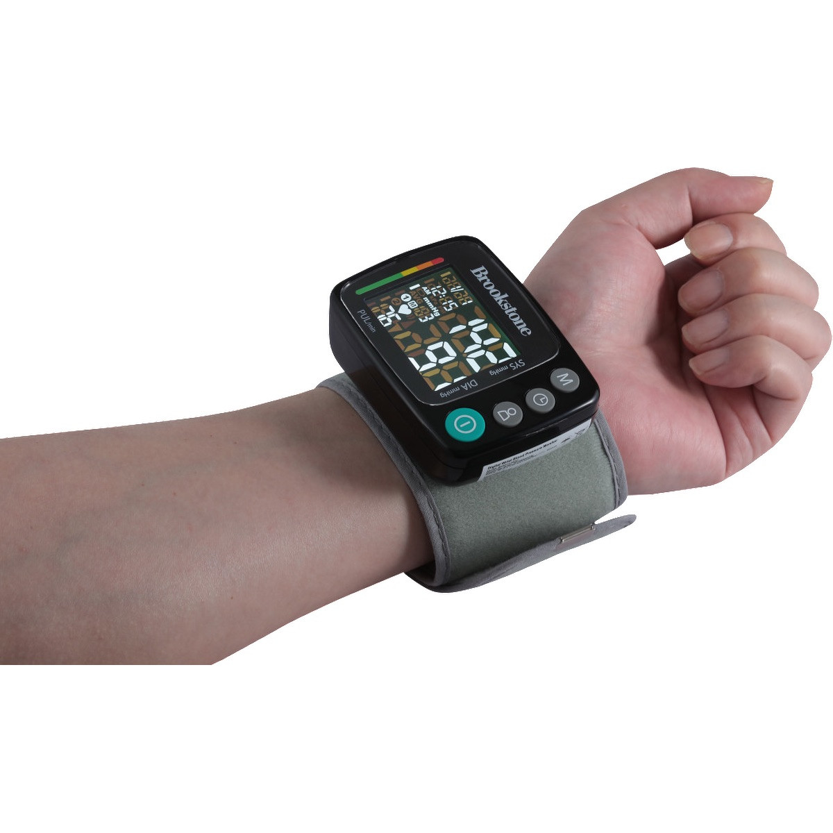 Black Brookstone® Digital Blood Pressure Monitor wrist-style device with black cuff and digital LCD display showing systolic and diastolic pressure and heart rate, featuring one-touch operation and included storage case for convenient home health monitoring.