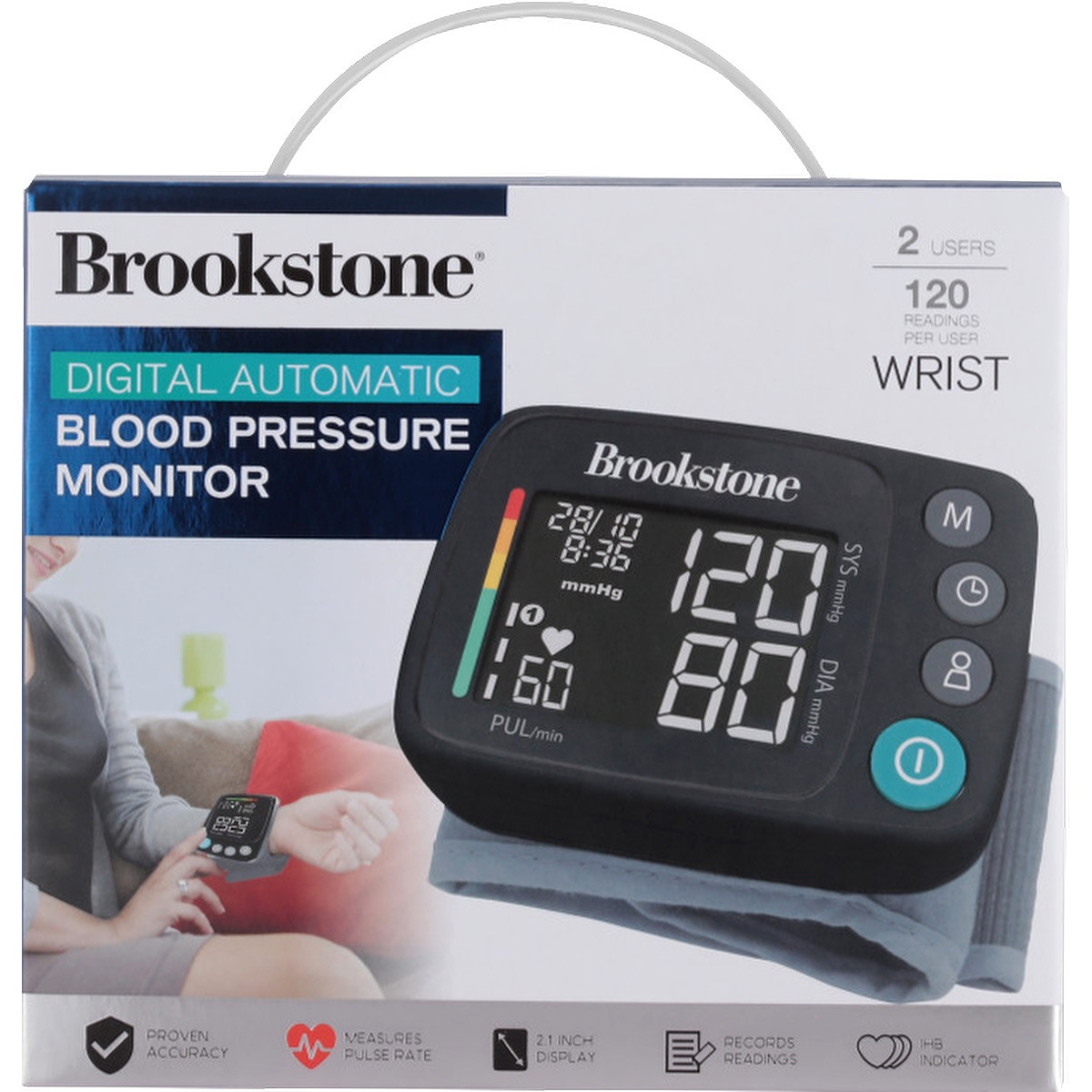 Black Brookstone® Digital Blood Pressure Monitor wrist-style device with black cuff and digital LCD display showing systolic and diastolic pressure and heart rate, featuring one-touch operation and included storage case for convenient home health monitoring.