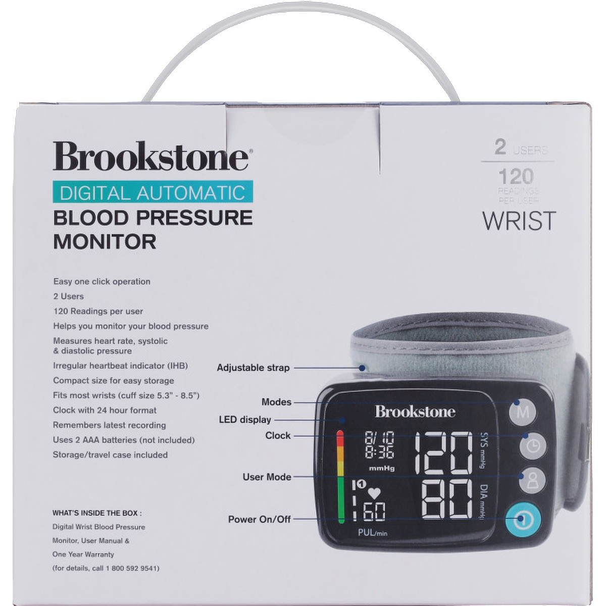 Black Brookstone® Digital Blood Pressure Monitor wrist-style device with black cuff and digital LCD display showing systolic and diastolic pressure and heart rate, featuring one-touch operation and included storage case for convenient home health monitoring.