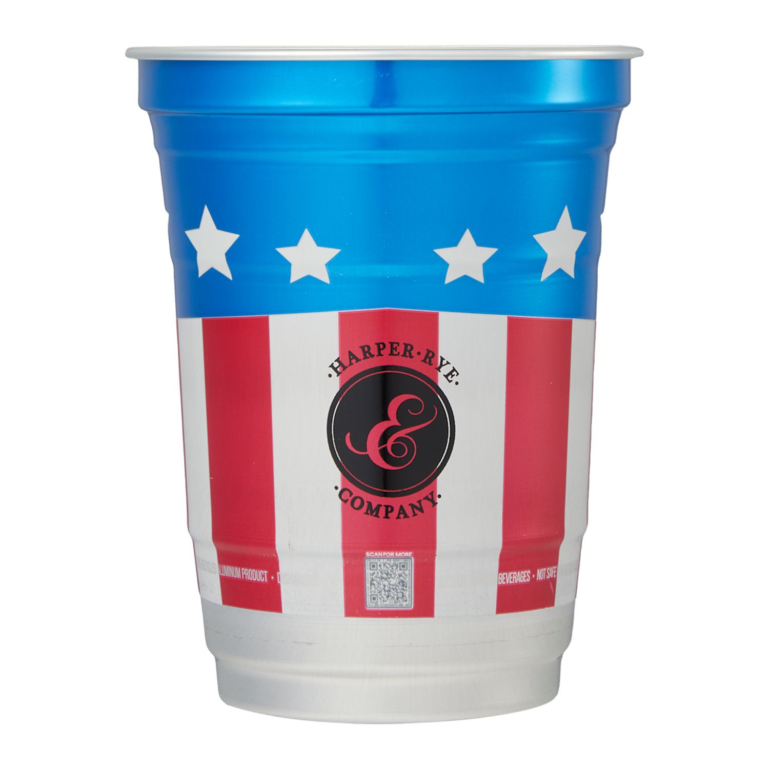 16oz America250 aluminum cup featuring a silver metallic finish with a patriotic red, white, and blue design, lightweight cylindrical party cup made from durable recycled aluminum, suitable for cold beverages at events, tailgates, and celebrations.