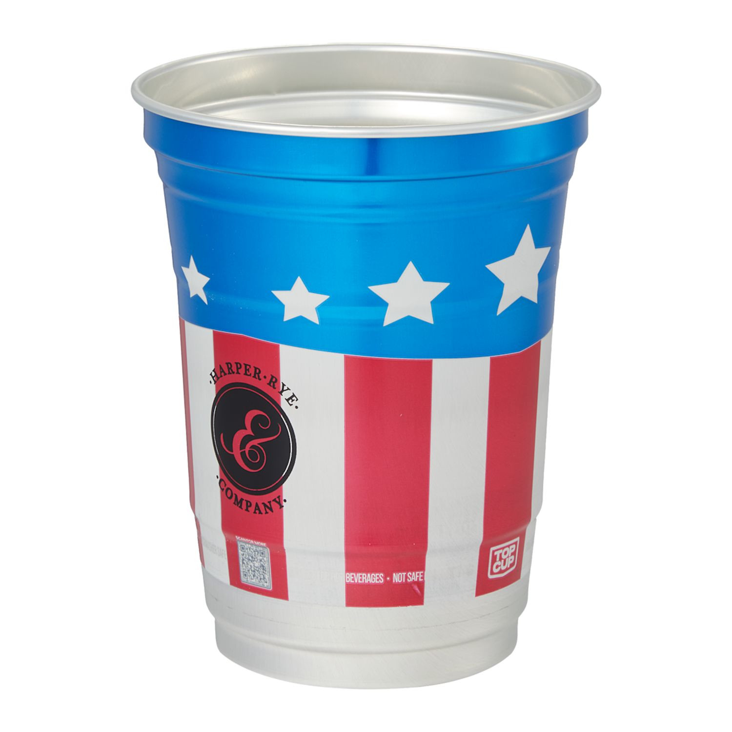 16oz America250 aluminum cup featuring a silver metallic finish with a patriotic red, white, and blue design, lightweight cylindrical party cup made from durable recycled aluminum, suitable for cold beverages at events, tailgates, and celebrations.