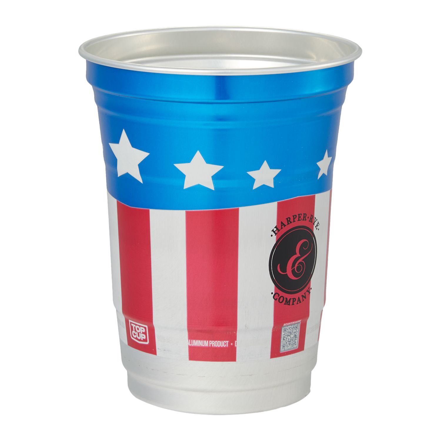 16oz America250 aluminum cup featuring a silver metallic finish with a patriotic red, white, and blue design, lightweight cylindrical party cup made from durable recycled aluminum, suitable for cold beverages at events, tailgates, and celebrations.