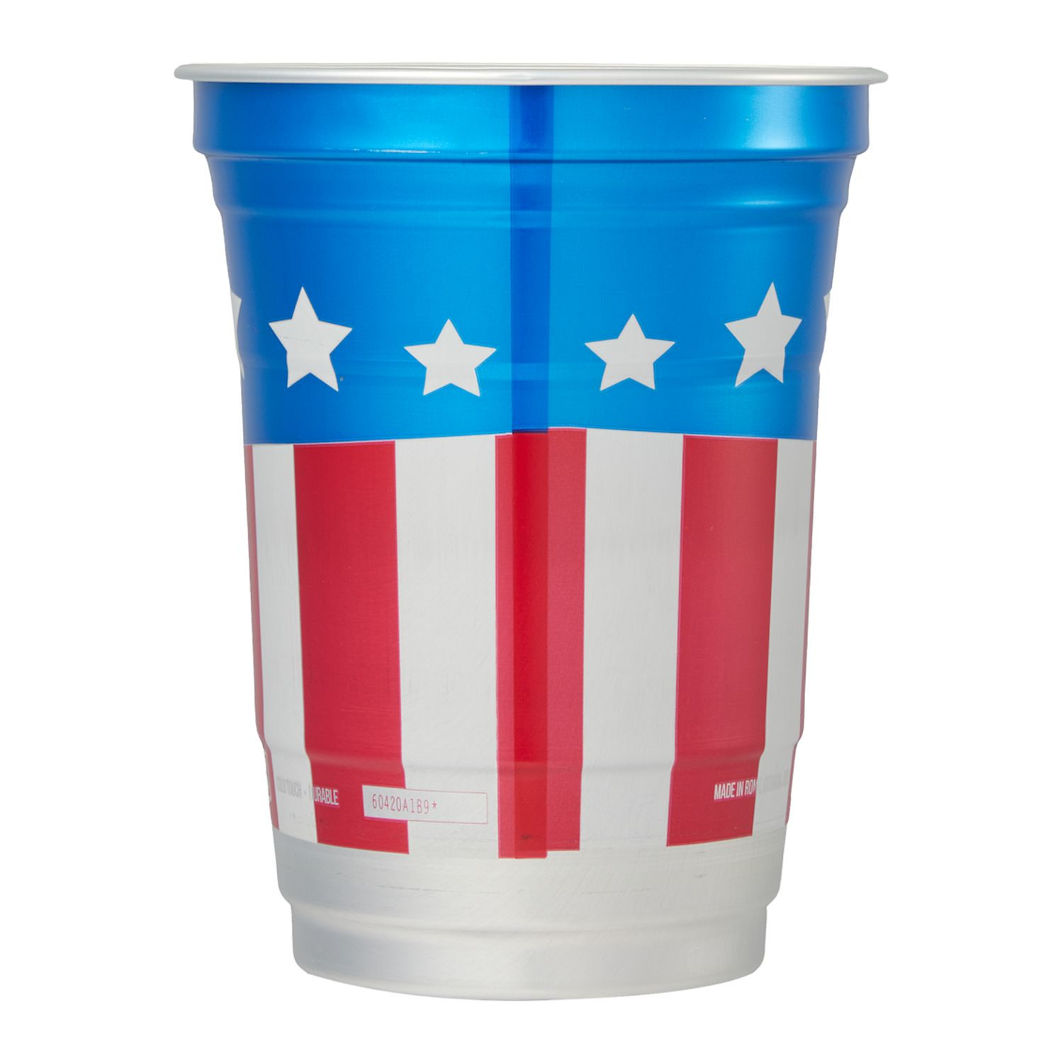16oz America250 aluminum cup featuring a silver metallic finish with a patriotic red, white, and blue design, lightweight cylindrical party cup made from durable recycled aluminum, suitable for cold beverages at events, tailgates, and celebrations.