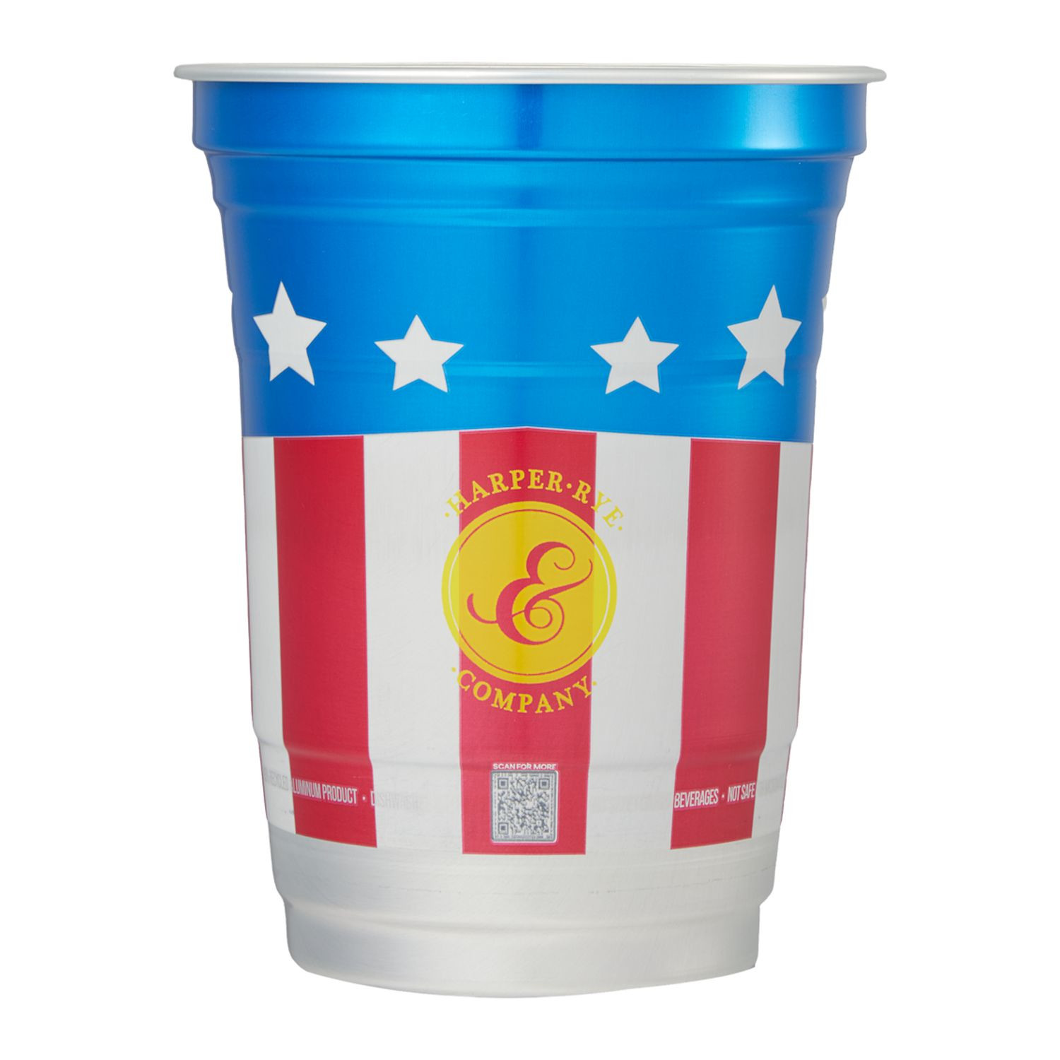 16oz America250 aluminum cup featuring a silver metallic finish with a patriotic red, white, and blue design, lightweight cylindrical party cup made from durable recycled aluminum, suitable for cold beverages at events, tailgates, and celebrations.