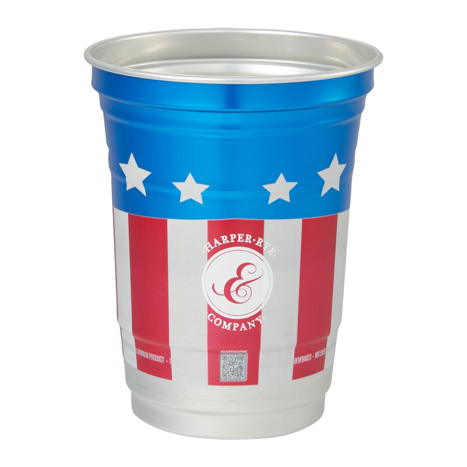 16oz America250 aluminum cup featuring a silver metallic finish with a patriotic red, white, and blue design, lightweight cylindrical party cup made from durable recycled aluminum, suitable for cold beverages at events, tailgates, and celebrations.